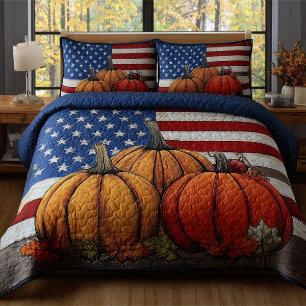 Stars Pumpkin quilted 3-piece bedding set on a made bed against a dark styled interior