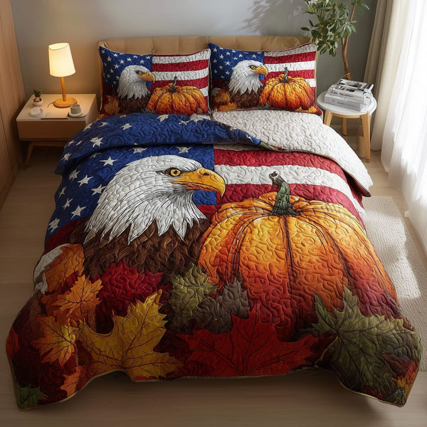 Stars Pumpkin quilted 3-piece bedding set on a made bed against a dark styled interior
