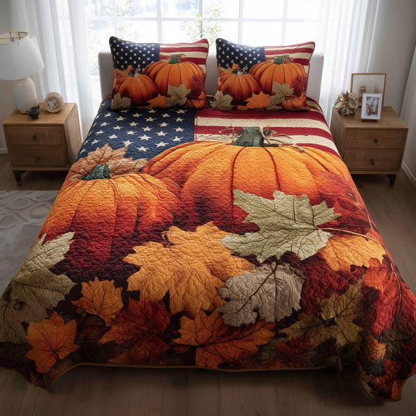 Stars Pumpkin quilted 3-piece bedding set on a made bed against a dark styled interior