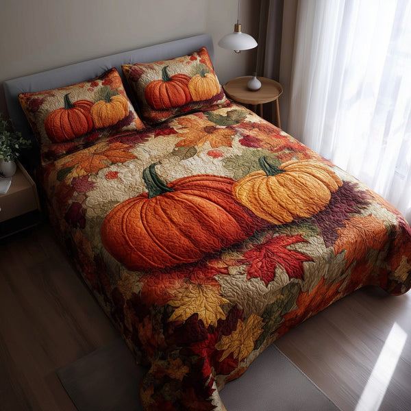 Stars Pumpkin quilted 3-piece bedding set on a made bed against a dark styled interior