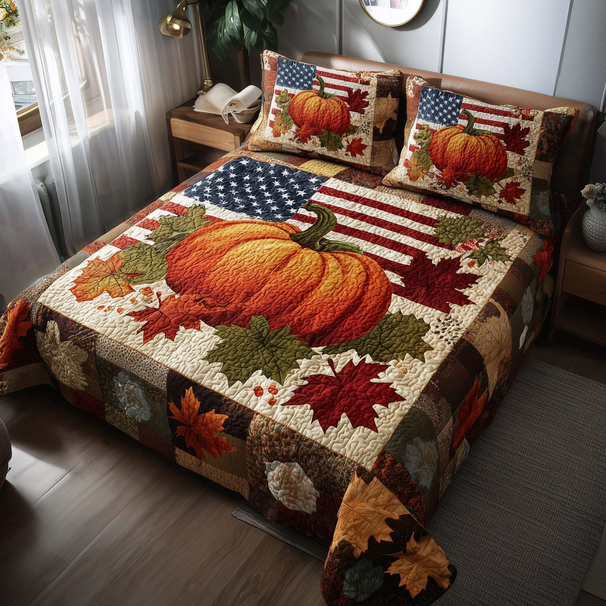 Stars Pumpkin quilted 3-piece bedding set on a made bed against a dark styled interior