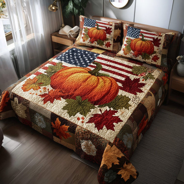 Stars Pumpkin quilted 3-piece bedding set on a made bed against a dark styled interior
