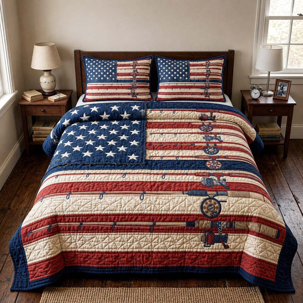 Stars Rods quilted 3-piece bedding set on a made bed with two matching pillow shams
