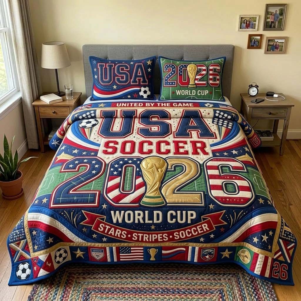 Stars Soccer quilted 3-piece bedding set on a made bed with two matching pillow shams