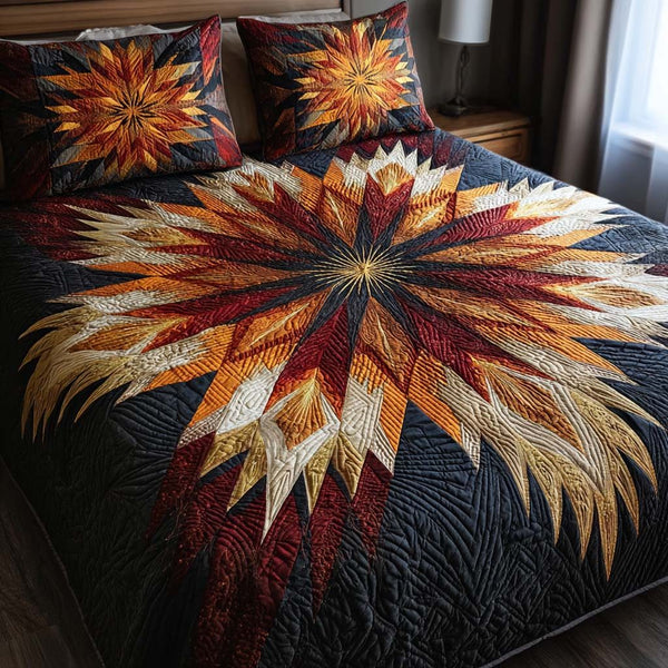 Starwood Echo quilted 3-piece bedding set on a made bed with two matching pillow shams