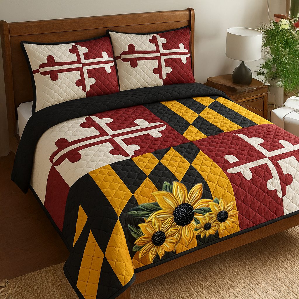 State Emblem quilted 3-piece bedding set on a made bed with two matching pillow shams