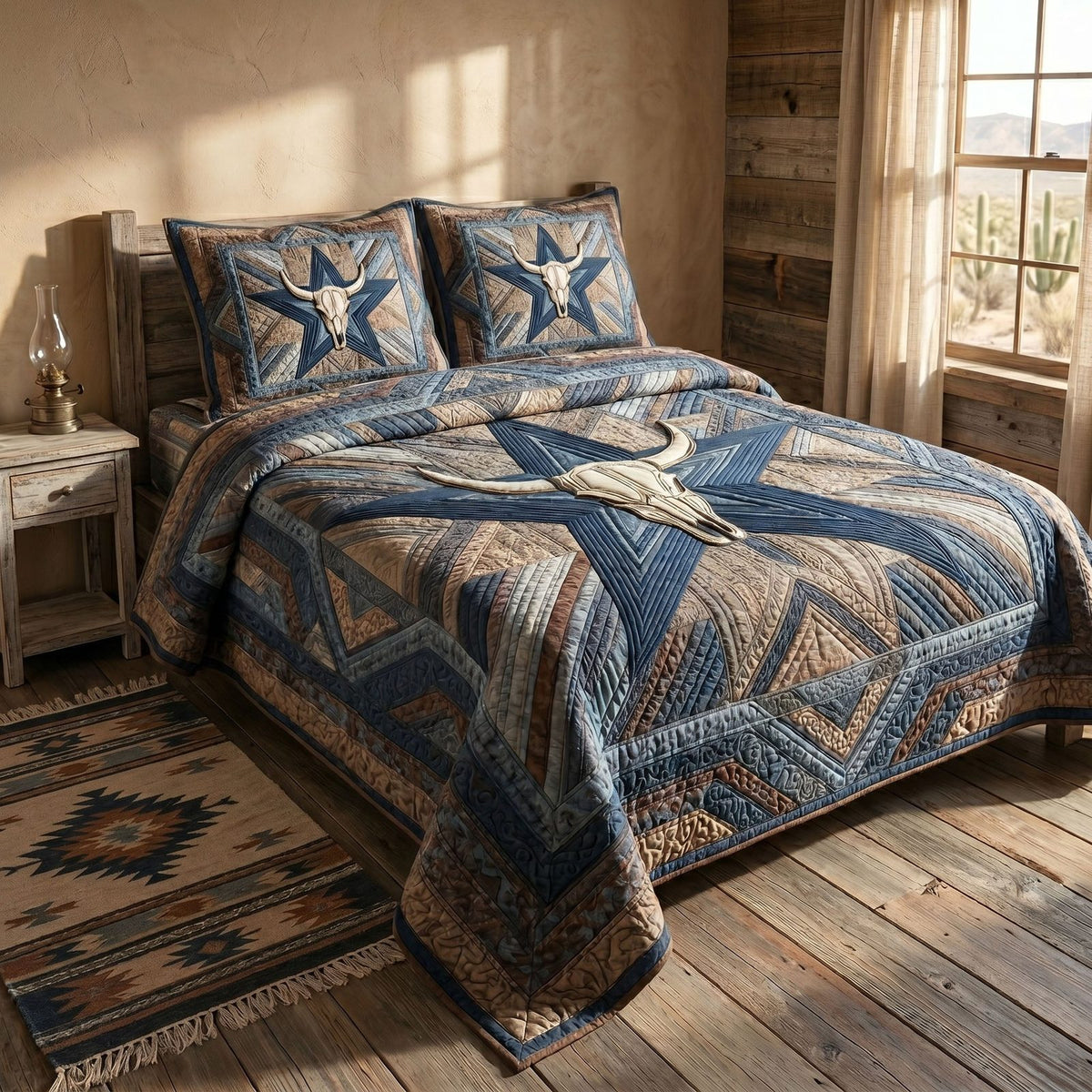 State Pride quilted 3-piece bedding set on a made bed with two matching pillow shams