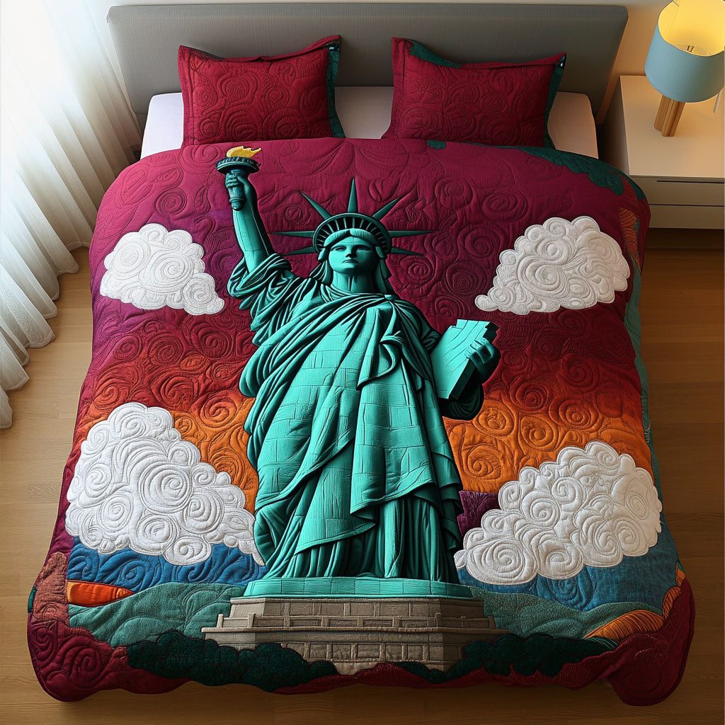 Statue Liberty Sunset quilted 3-piece bedding set on a made bed in a warmly lit bedroom