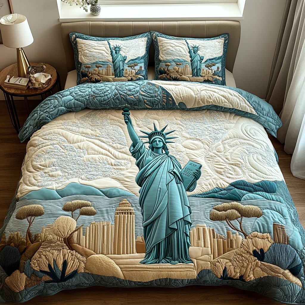 Statue of Liberty Light quilted 3-piece bedding set on a made bed in a warmly lit bedroom