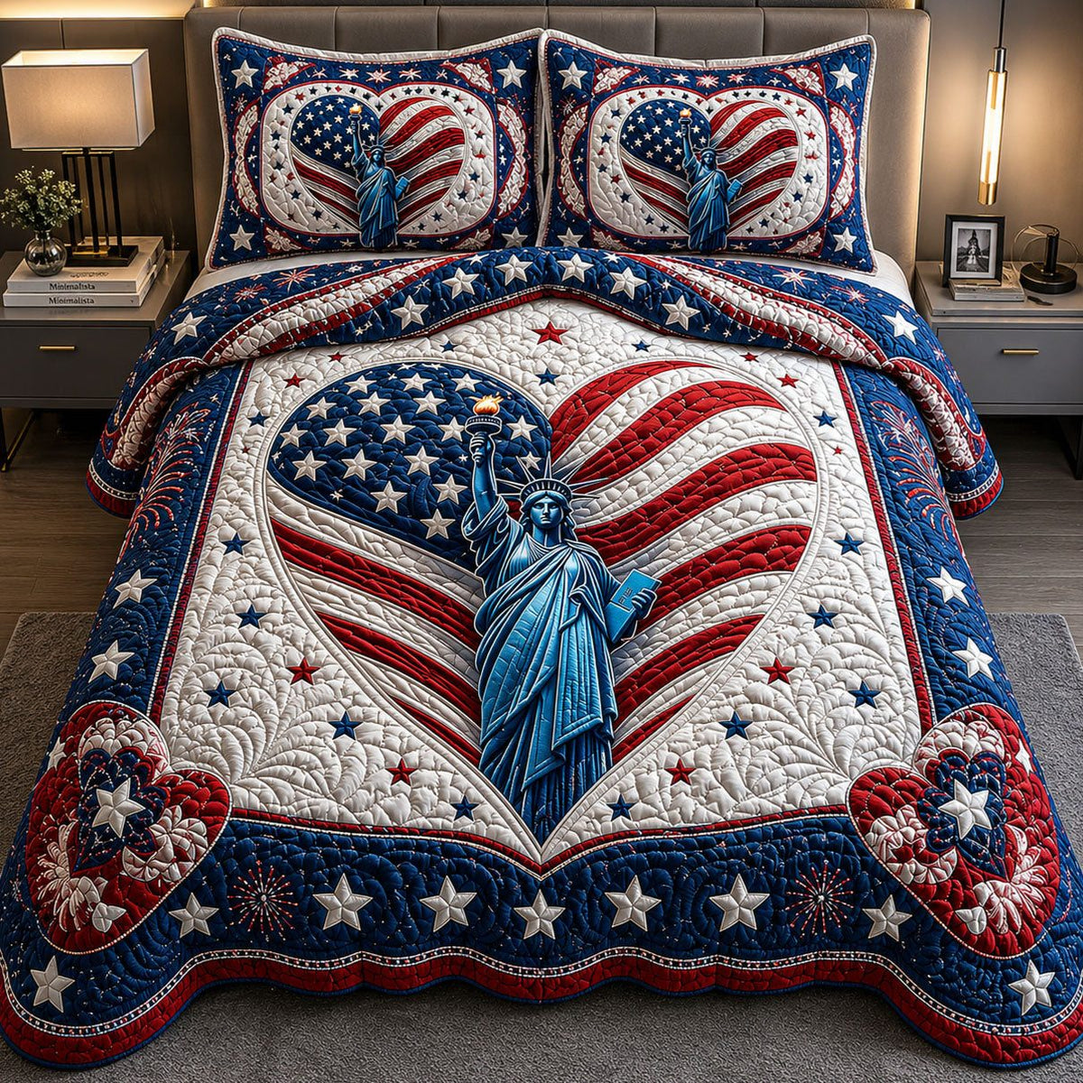 Statue of Liberty quilted 3-piece bedding set on a made bed in a warmly lit bedroom