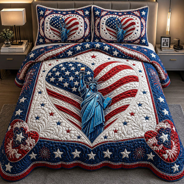 Statue of Liberty quilted 3-piece bedding set on a made bed in a warmly lit bedroom