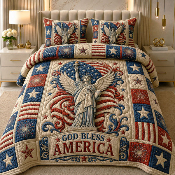 Statue of Liberty quilted 3-piece bedding set on a made bed in a warmly lit bedroom