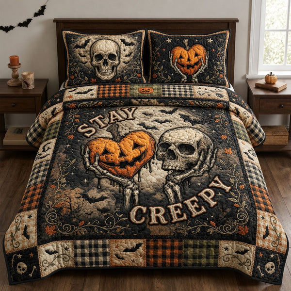 Stay Creepy quilted 3-piece bedding set on a made bed against a dark styled interior