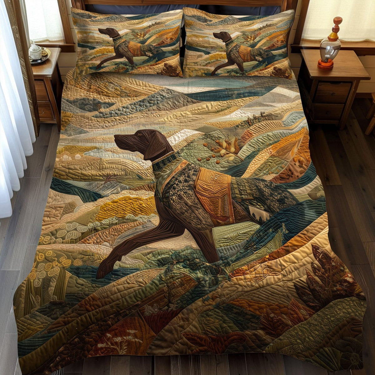 Steady Pointer quilted 3-piece bedding set on a made bed with two matching pillow shams