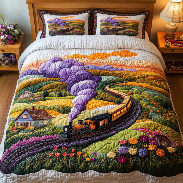 Steam Train quilted 3-piece bedding set on a made bed with two matching pillow shams