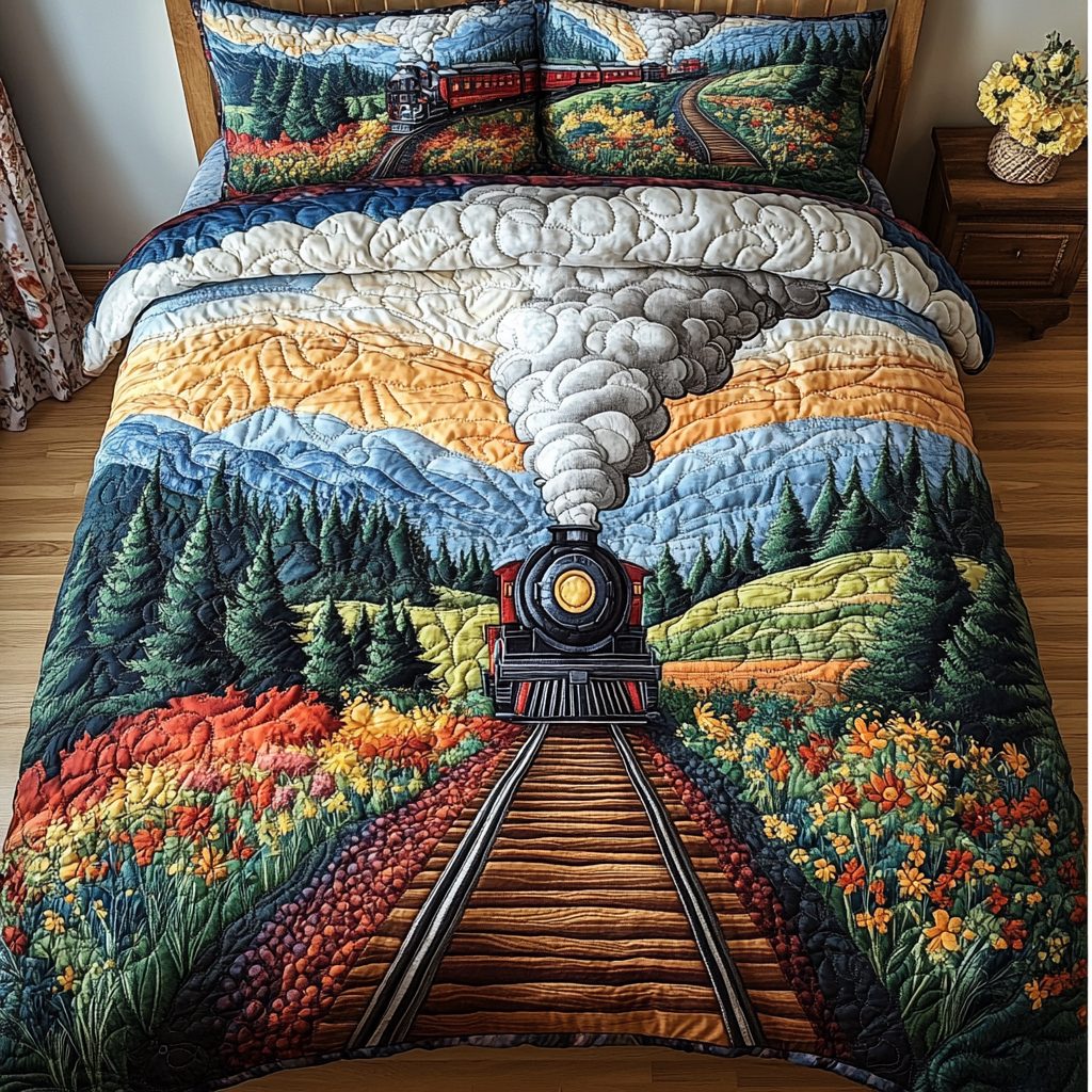 Steam Train quilted 3-piece bedding set on a made bed with two matching pillow shams