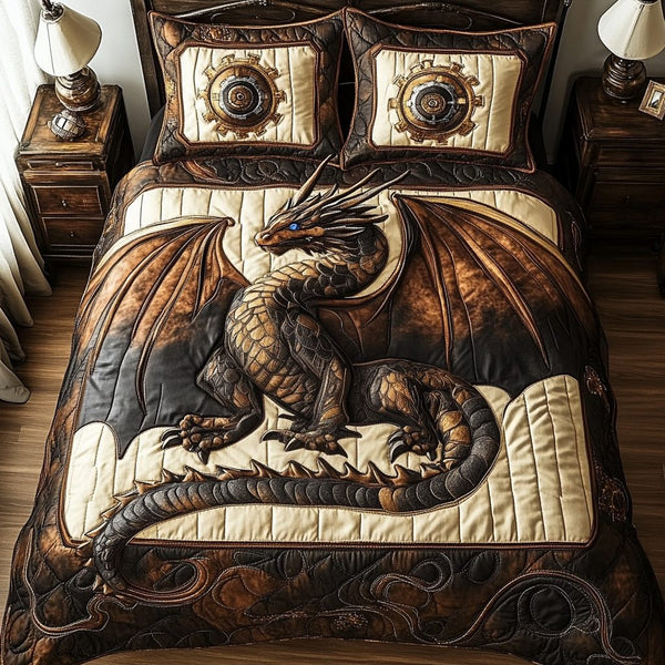 Steampunk Dragon quilted 3-piece bedding set on a made bed with two matching pillow shams