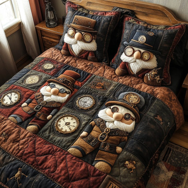 Steampunk Gnome quilted 3-piece bedding set on a made bed in a winter-styled bedroom