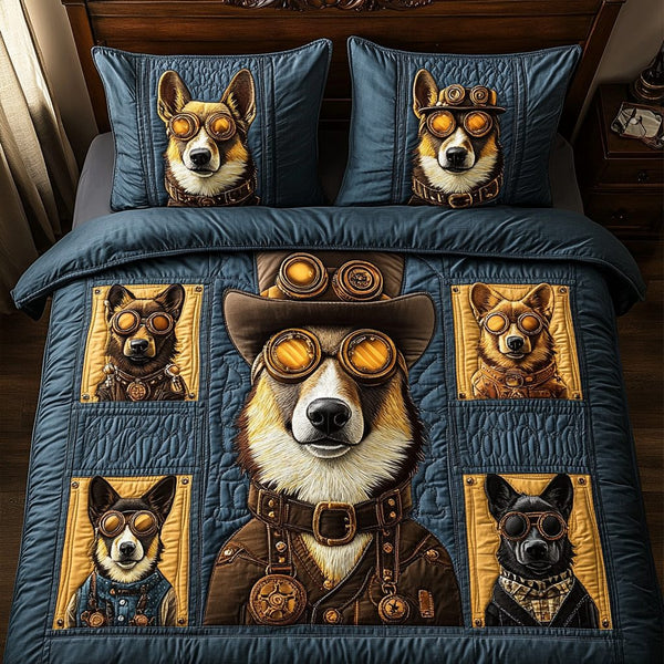 Steampunk Shepherd quilted 3-piece bedding set on a made bed with two matching pillow shams