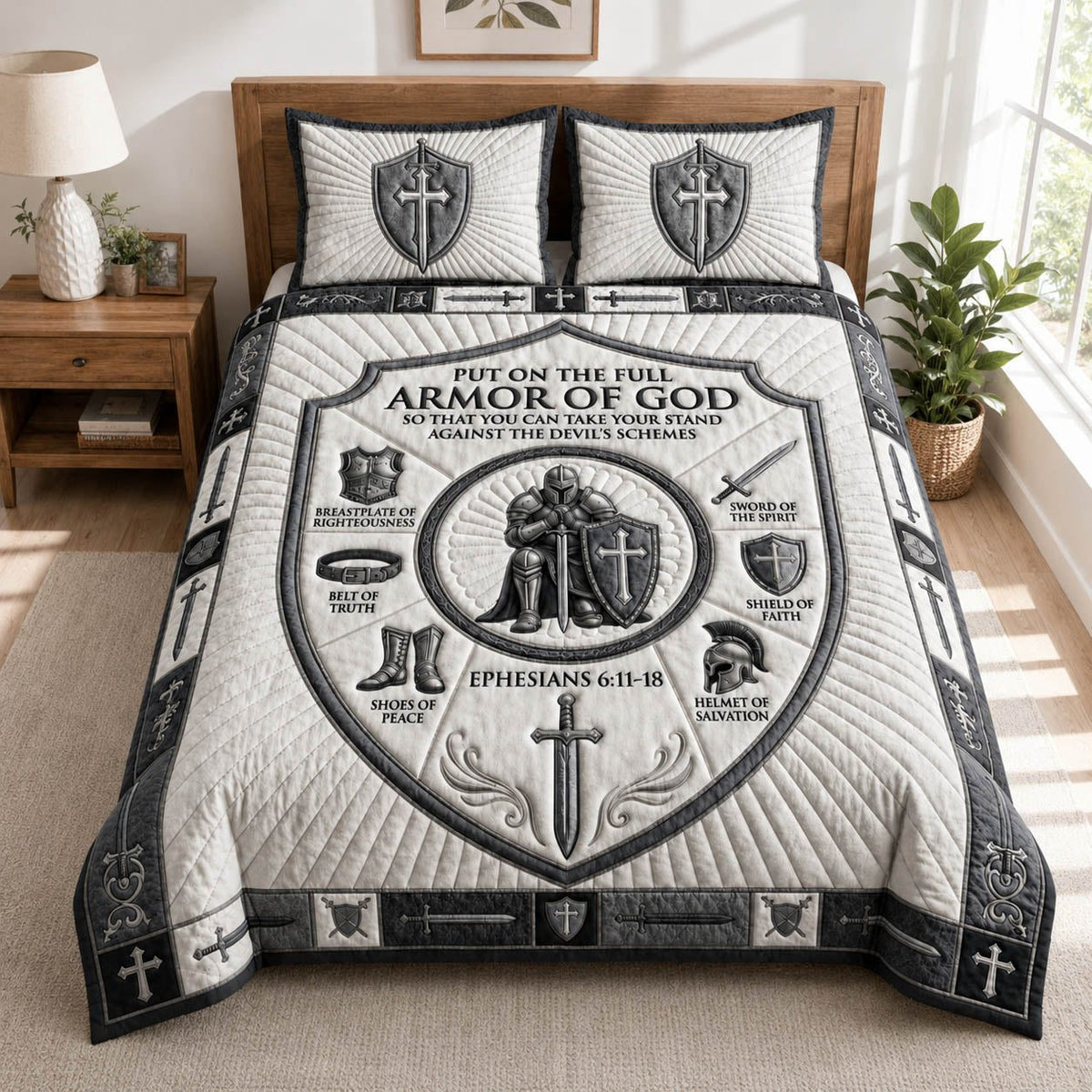 Steel Grey Armor Of God quilted 3-piece bedding set on a made bed in a softly lit bedroom