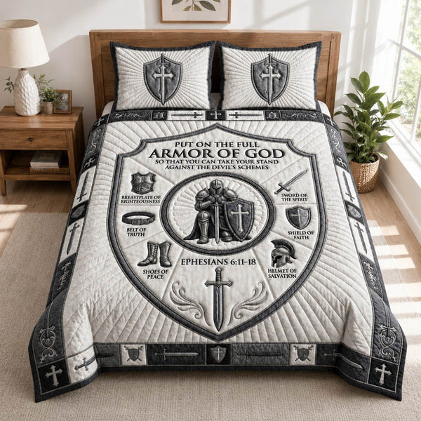 Steel Grey Armor Of God quilted 3-piece bedding set on a made bed in a softly lit bedroom
