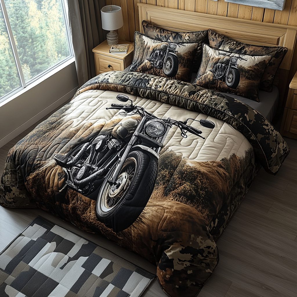 Steel Stallion quilted 3-piece bedding set on a made bed in a rustic timber bedroom