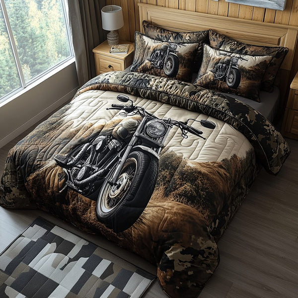 Steel Stallion quilted 3-piece bedding set on a made bed in a rustic timber bedroom
