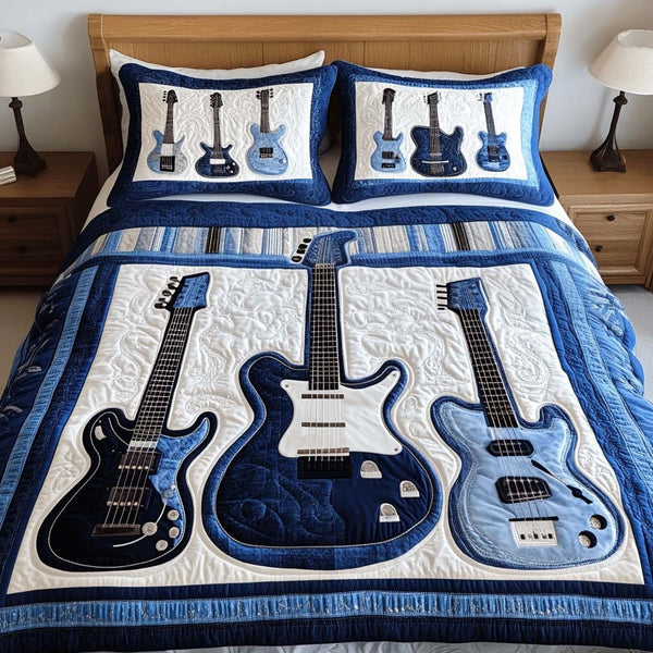 Steel Vibes quilted 3-piece bedding set on a made bed with two matching pillow shams