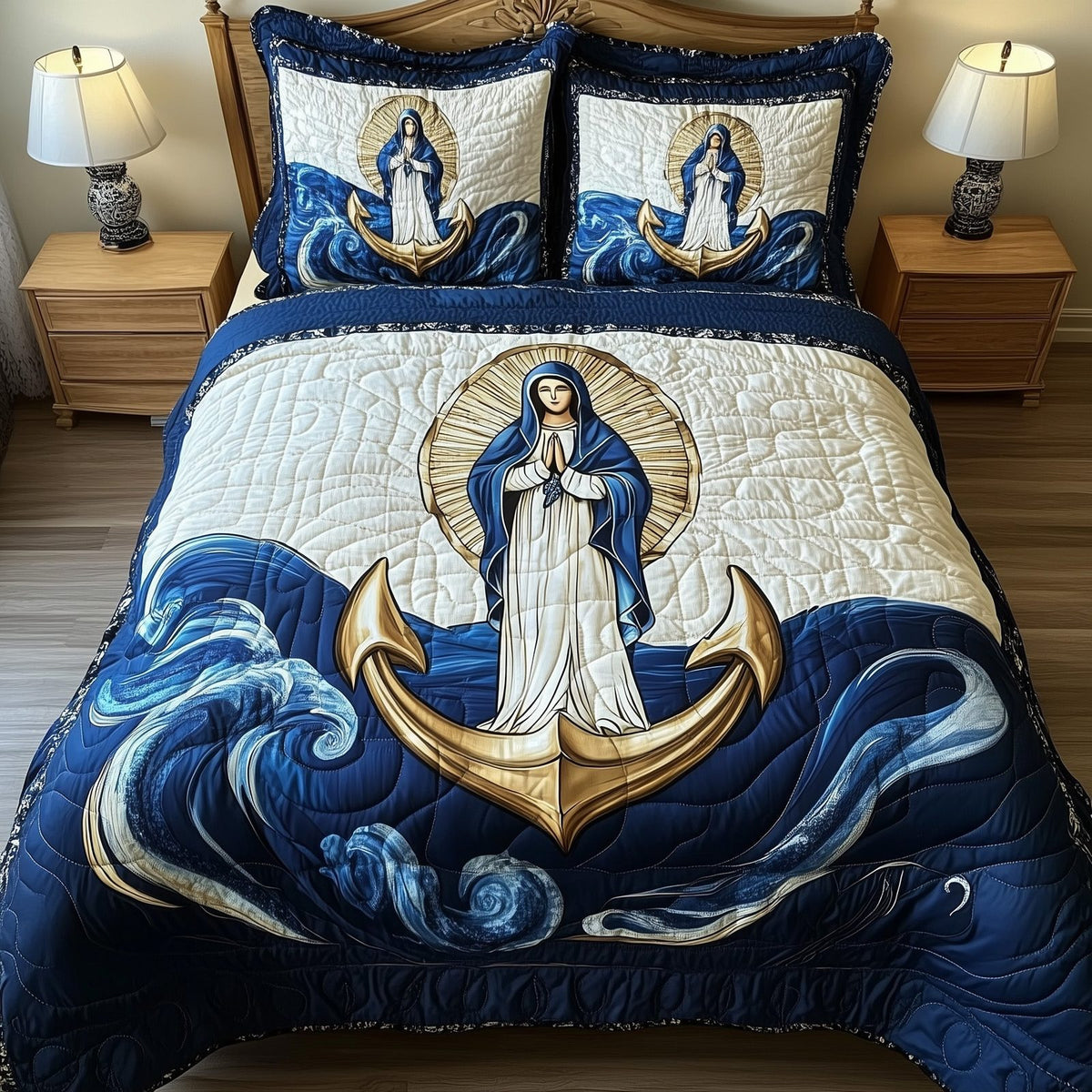 Stella Maris quilted 3-piece bedding set on a made bed with two matching pillow shams
