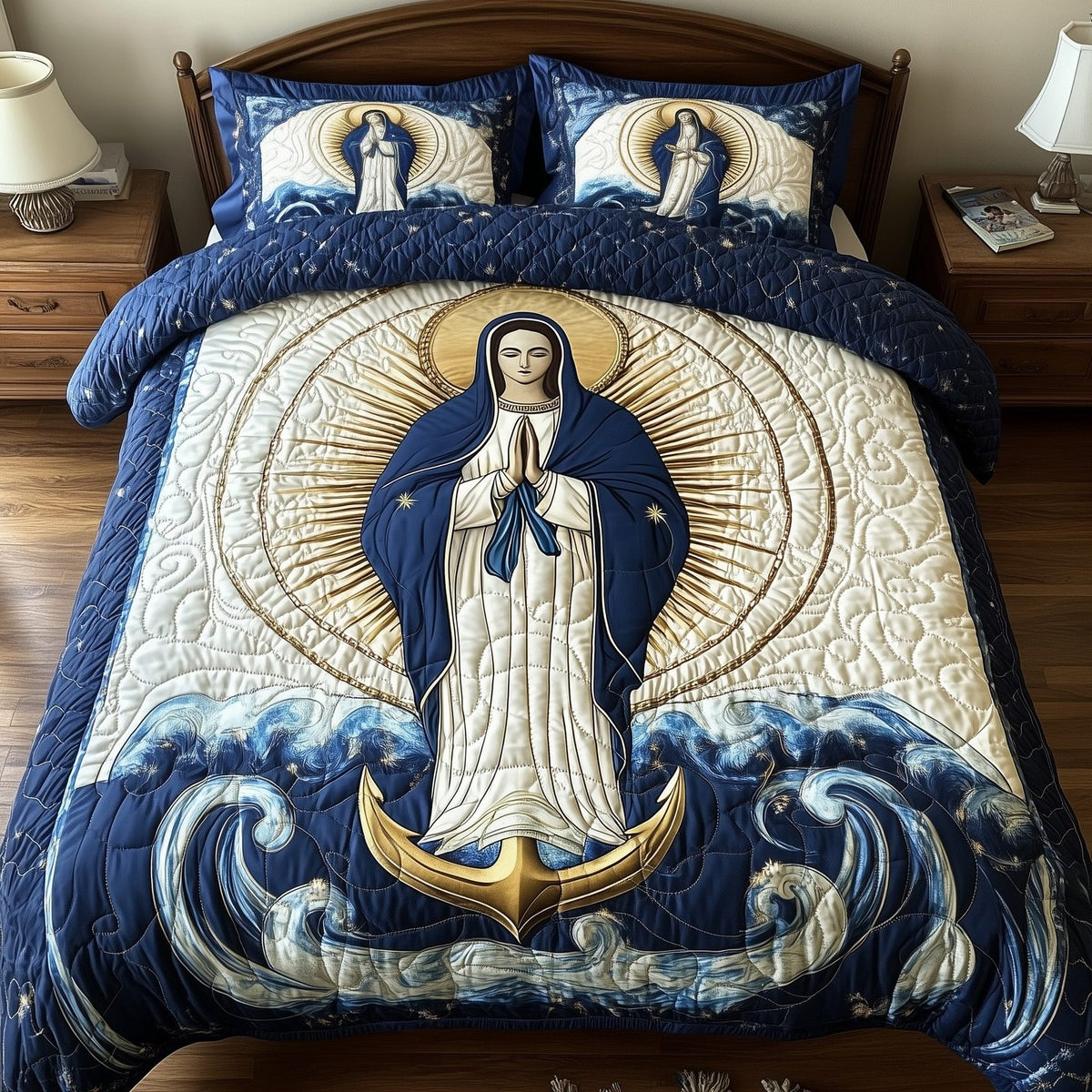 Stella Maris quilted 3-piece bedding set on a made bed with two matching pillow shams