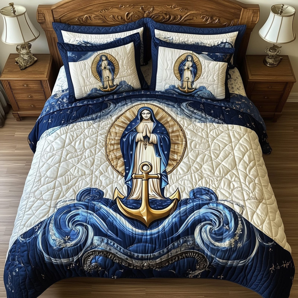 Stella Maris quilted 3-piece bedding set on a made bed with two matching pillow shams