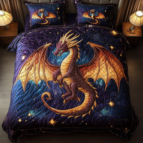 Stellar Guardian quilted 3-piece bedding set on a made bed with two matching pillow shams