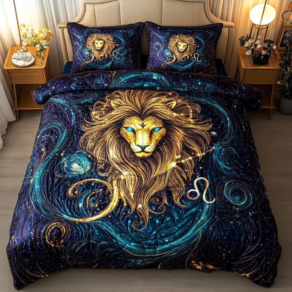 Stellar Leo quilted 3-piece bedding set on a made bed with two matching pillow shams