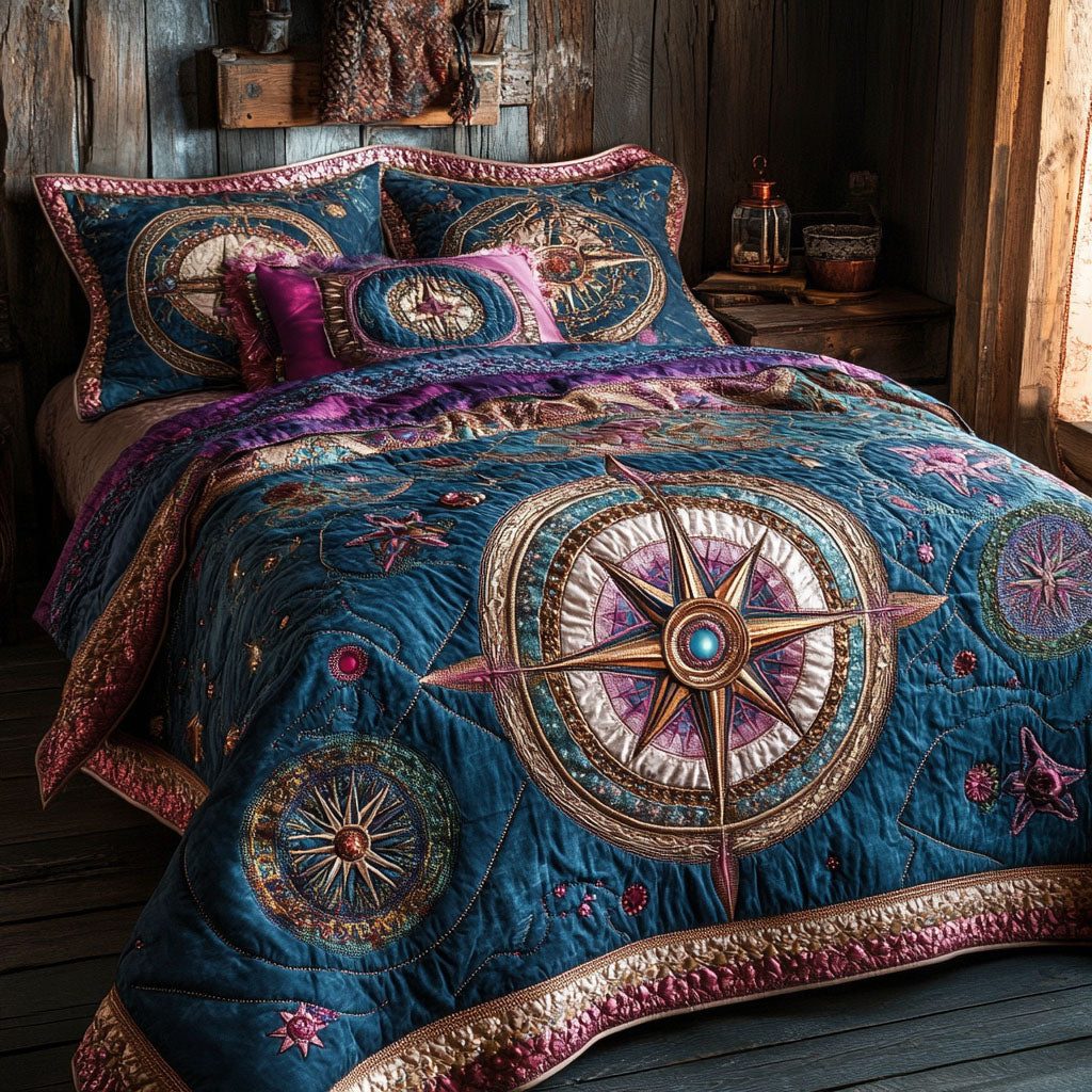 Stellar Pathway quilted 3-piece bedding set on a made bed with two matching pillow shams