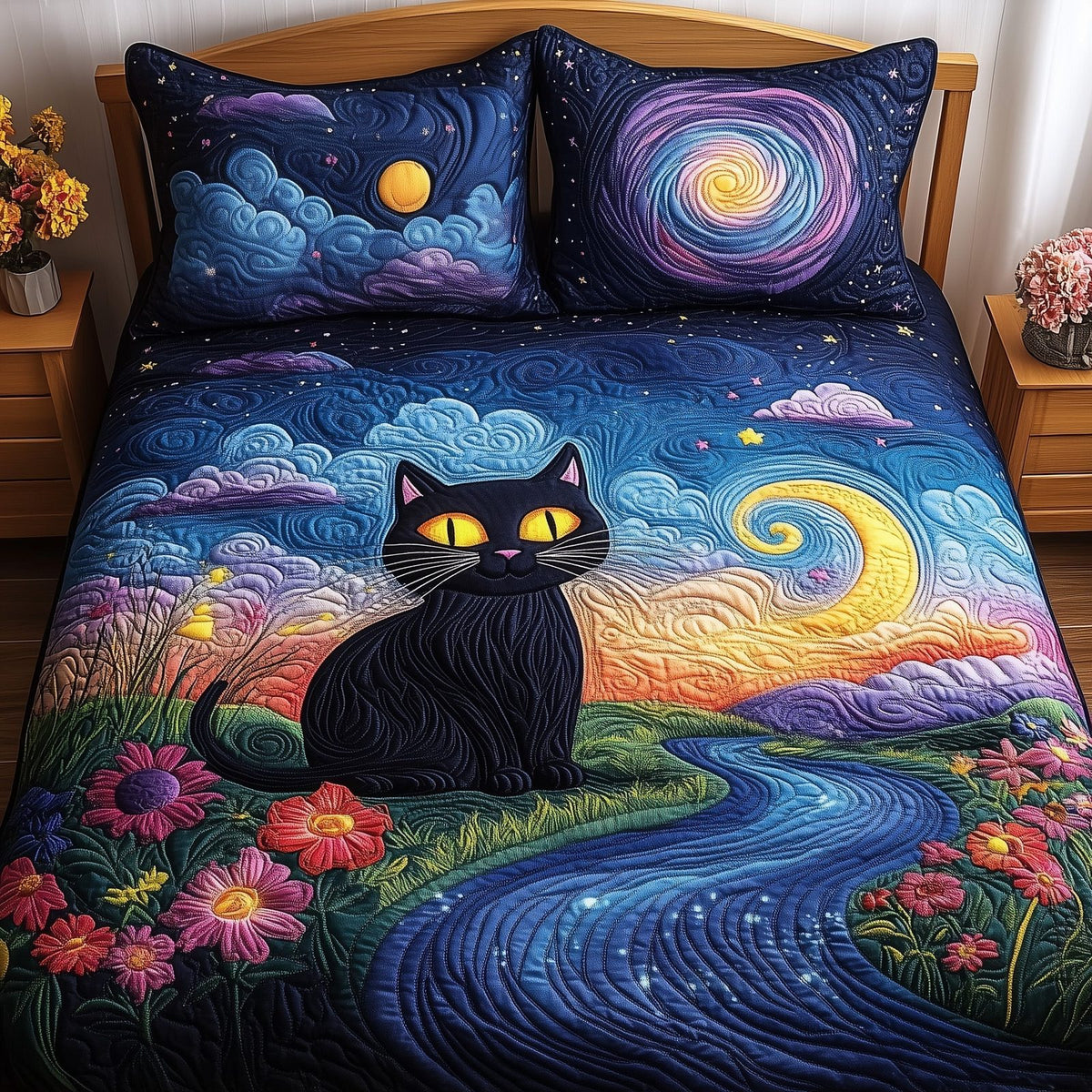 Stellar Paws quilted 3-piece bedding set on a made bed with two matching pillow shams