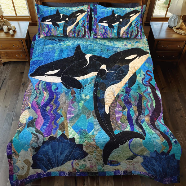 Stellar Sea Journey quilted 3-piece bedding set on a made bed in a light coastal bedroom