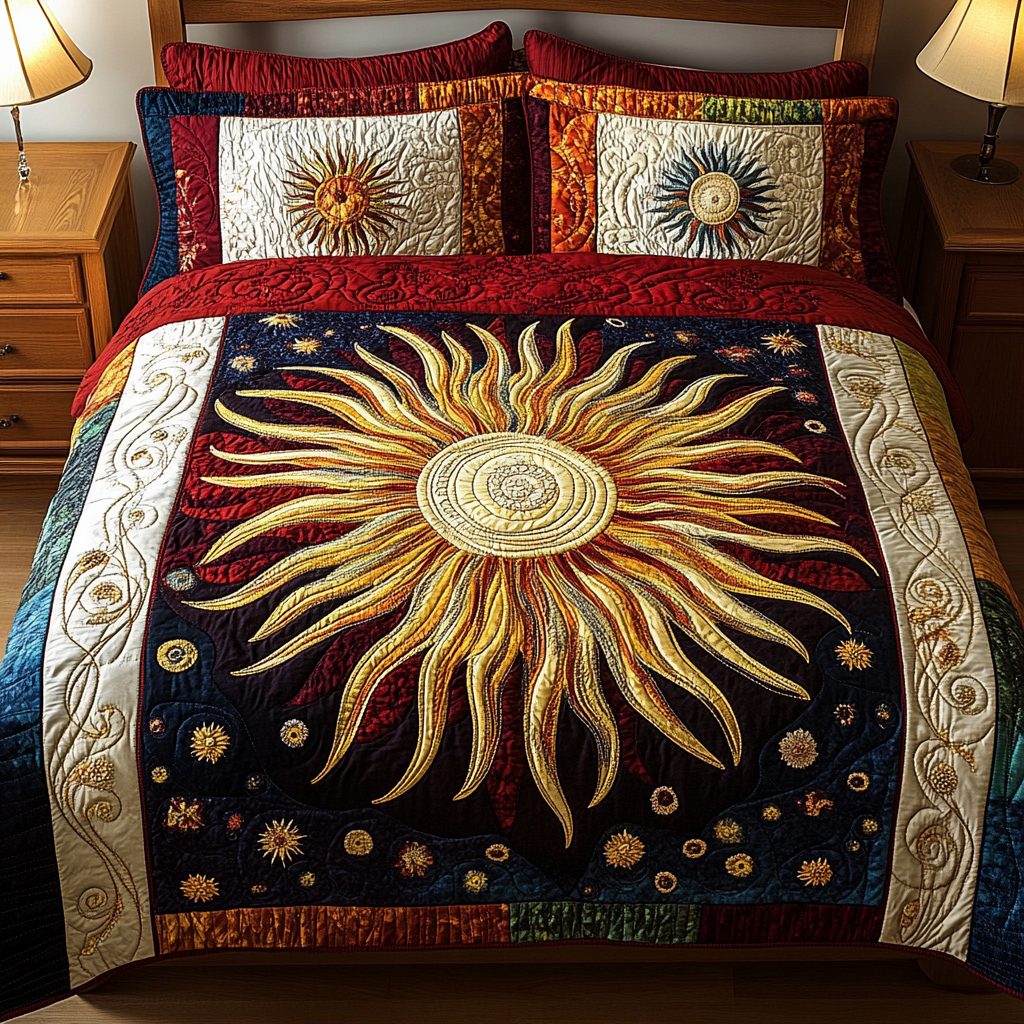 Stellar Sun quilted 3-piece bedding set on a made bed with two matching pillow shams