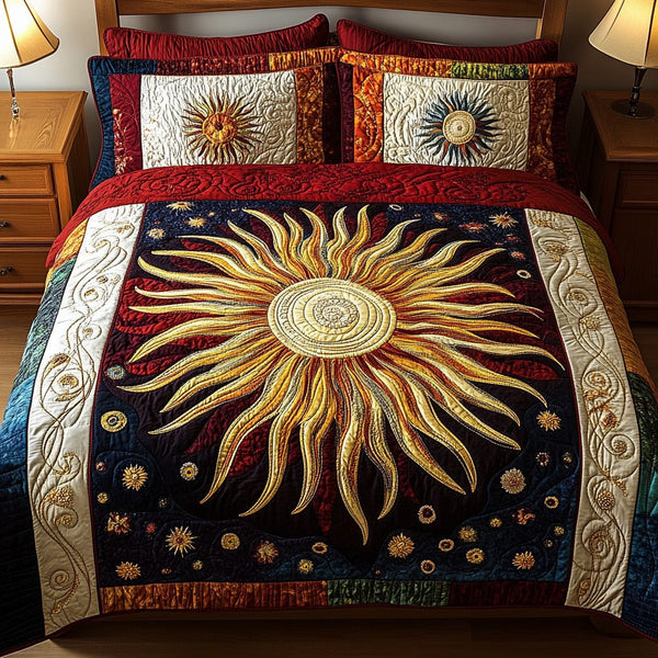 Stellar Sun quilted 3-piece bedding set on a made bed with two matching pillow shams