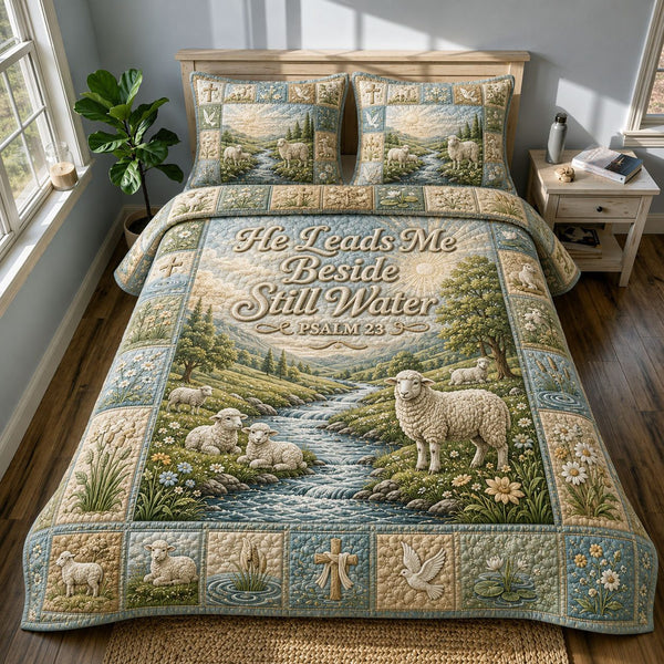 Still Waters Lamb quilted 3-piece bedding set on a made bed with two matching pillow shams