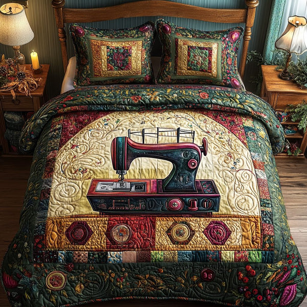 Stitched Memories quilted 3-piece bedding set on a made bed with two matching pillow shams