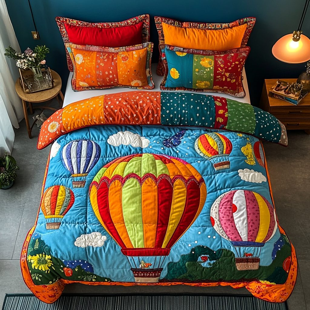 Stitched Skies quilted 3-piece bedding set on a made bed with two matching pillow shams