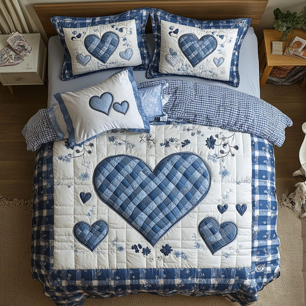 Stitched with Love quilted 3-piece bedding set on a made bed with two matching pillow shams
