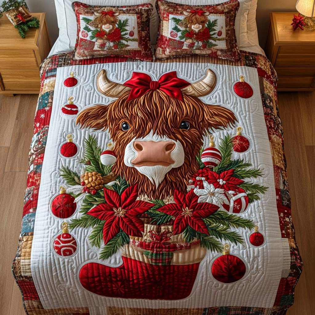 Stocking Joy quilted 3-piece bedding set on a made bed in a winter-styled bedroom