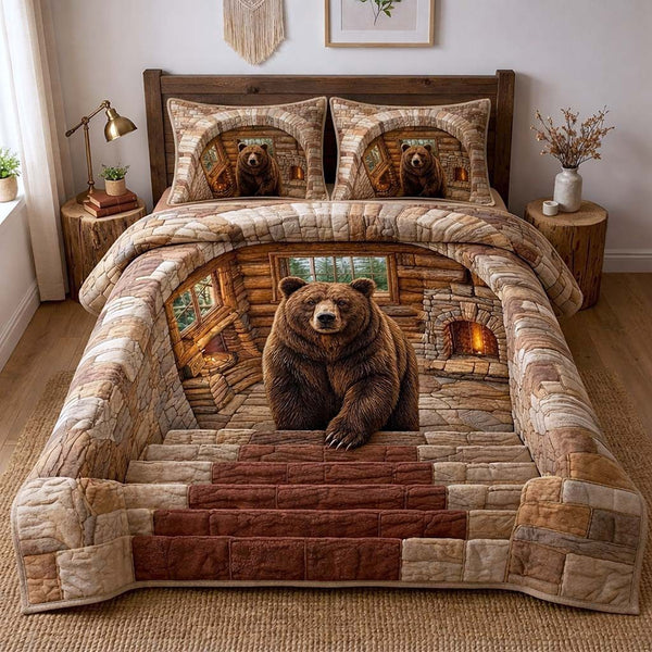 Stone Bear quilted 3-piece bedding set on a made bed with two matching pillow shams