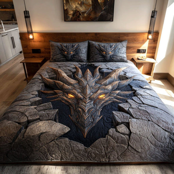 Stone Fury quilted 3-piece bedding set on a made bed with two matching pillow shams