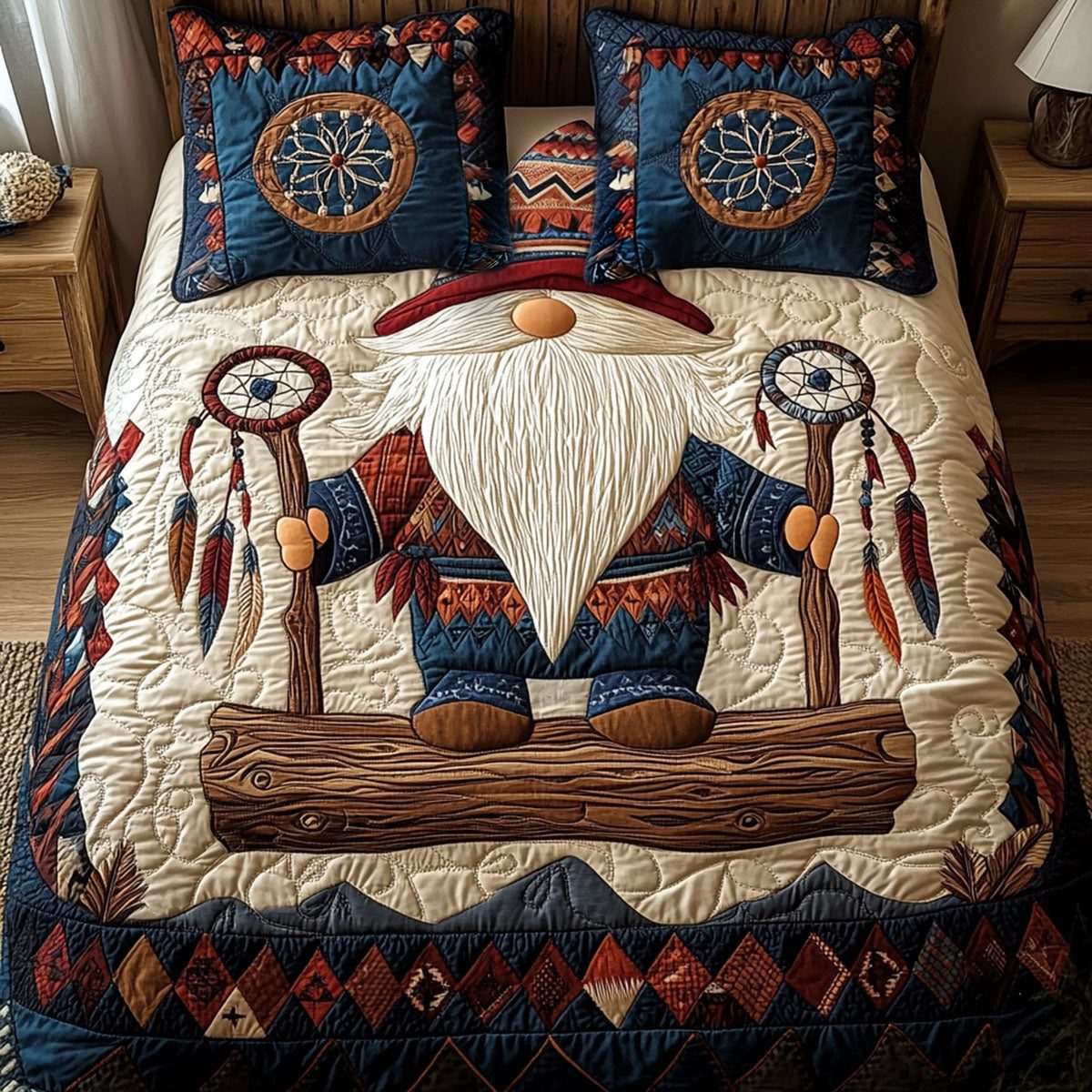 Stone Guardian quilted 3-piece bedding set on a made bed with two matching pillow shams