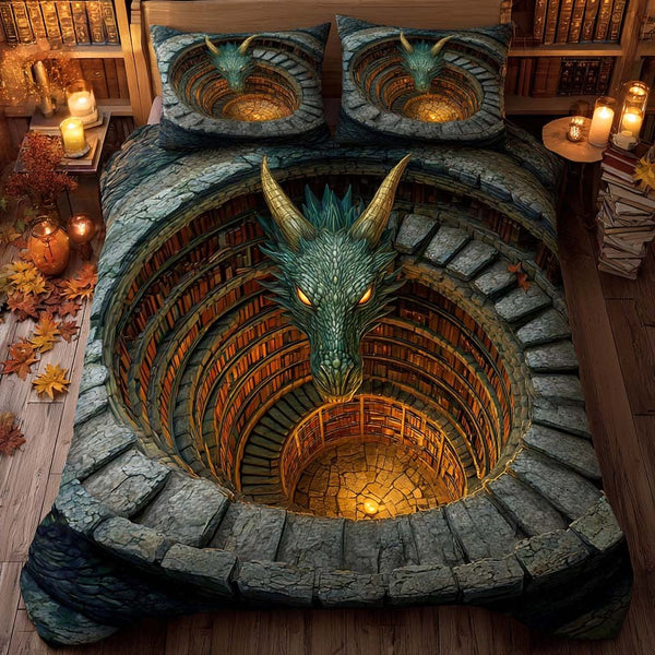 Stone Lair Dragon quilted 3-piece bedding set on a made bed with two matching pillow shams