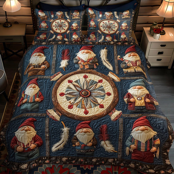 Stone Path Wanderer quilted 3-piece bedding set on a made bed with two matching pillow shams