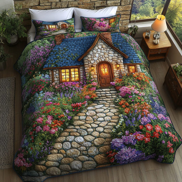 Stone Walkway quilted 3-piece bedding set on a made bed with two matching pillow shams