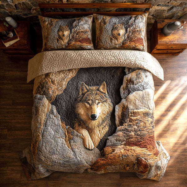 Stone Wolf quilted 3-piece bedding set on a made bed with two matching pillow shams